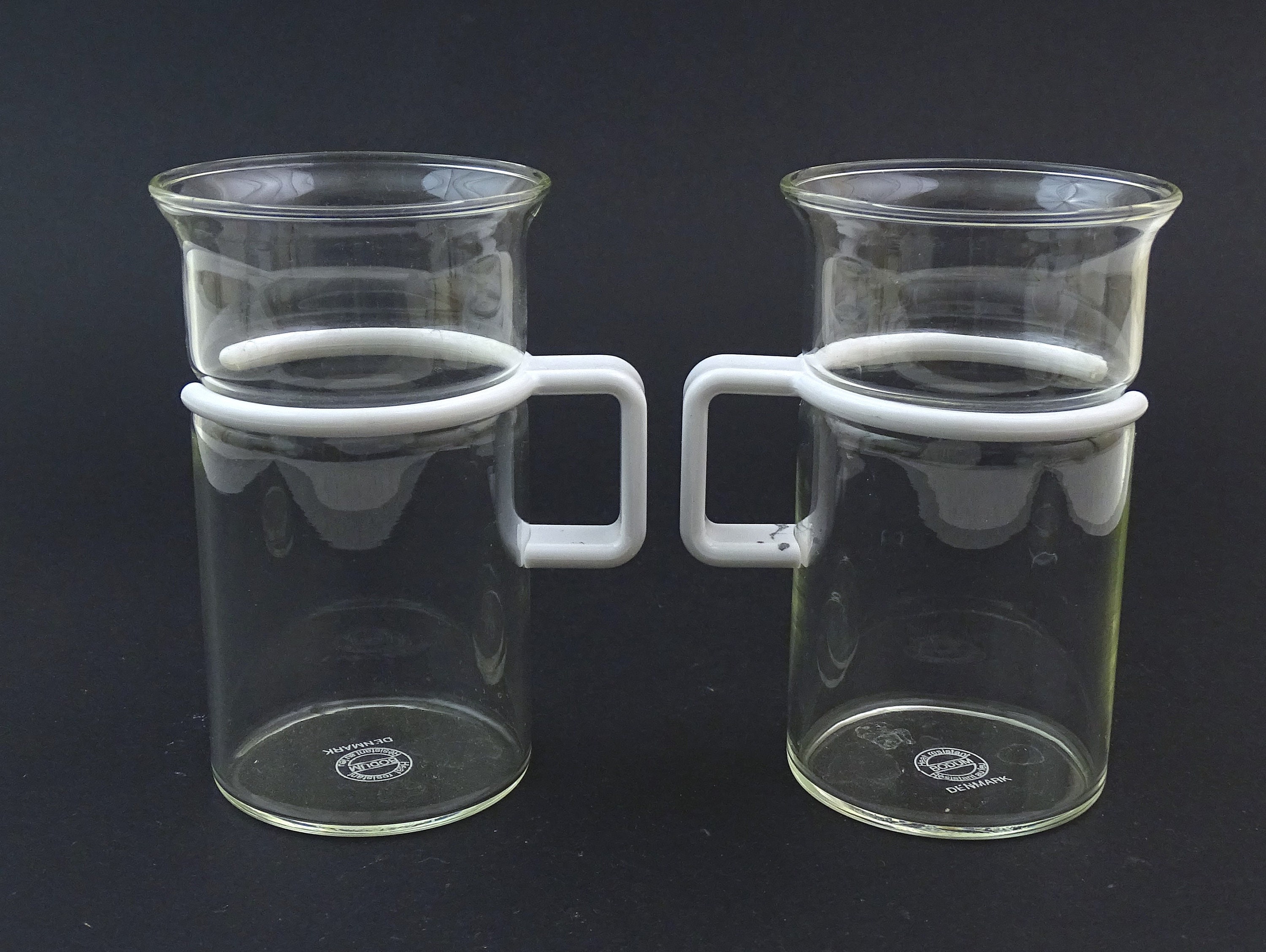 Vintage Bodum Espresso Demitasse Glass Coffee Mug Red Plastic Handle Set of  Four 4 Made in Denmark 