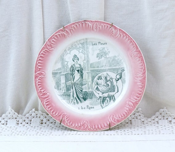 Antique French Decorative Ceramic Wall Plate by Sarreguemines with Rose Flower Pattern and Victorian Lady, Vintage China Crockery France