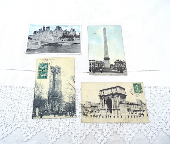 4 French Antique Black and White Postcards of Parisian Monuments L'Hotel de Ville Obelisque Louqsor, Retro Vintage Vacation Souvenir France