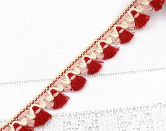 2 Meters / 2.18 Yards Vintage Unused French 1950s Red Tassel Fringe Trim, Retro Passementerie Haberdasher France, MCM Maroon Pink Braid