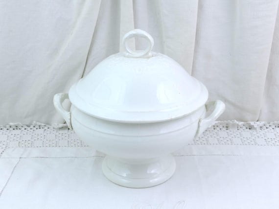 Antique Saint Amand Hamage Nord French Faience Footed Tureen with Lid, White Pedestal Serving Bowl, Retro French Country Farmhouse Tableware