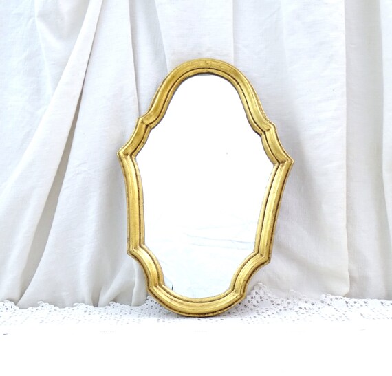 Small French Vintage Mid Century Gold Gilt Famed Wall Mirror, Retro 1960s Gilded Wooden Frame with Mirror, Chateau Chic Decor from France