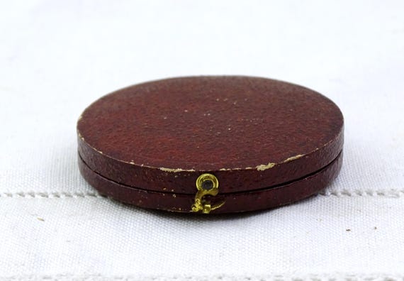 Round Antique French Maroon Leather Coin Case, Vintage Circular Medal Box from France, Upcycled Jewelry Box, Curio Container