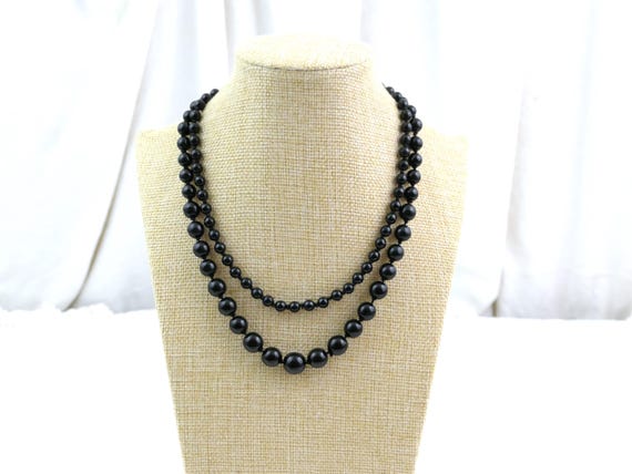 Vintage French Double Strand Black Glass Beaded Necklace, Retro Dark Colored Mourning Jewelry from France, 2 Strings of Knotted Beads