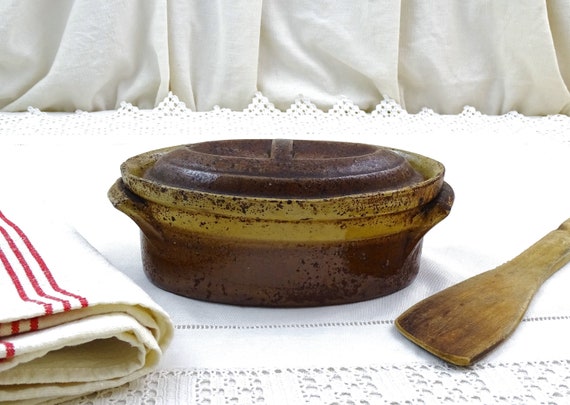 Small Antique French Lidded Stoneware Pottery Tureen /Terrine / Casserole Dish, Country Cottage Farmhouse Kitchenware Decor from France