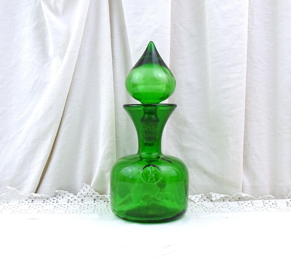 Fat Vintage Italian Empoli Style Mid Century 1960s Green Glass Floor Decanter with Stopper,  European Glassware Carafe Genie Bottle