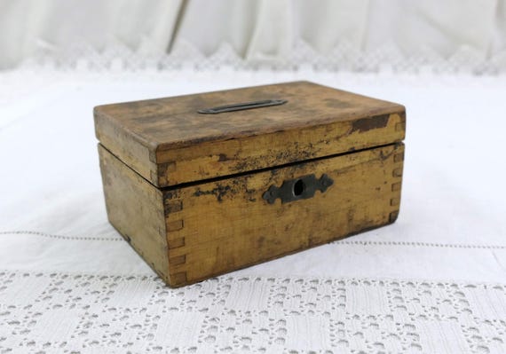 Small Antique 19th Century French Wooden Cash Money Box, Vintage Bank Safe made of Wood From France, Brocante Flea Market Farmhouse Decor