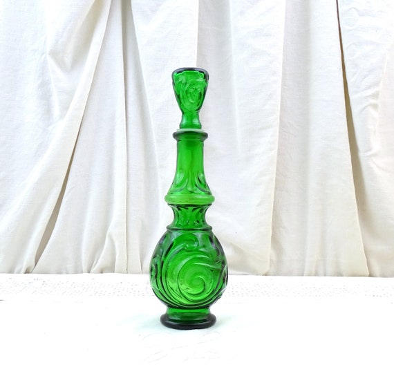 Vintage Mid Century Green Empoli Glass Carafe Stopper, Retro 1960s Large Perfume Bottle Italy, Italian Collectible Decanter Glassware