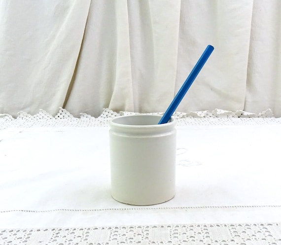 Small Antique French 19th Century Pottery White Glazed Confit Pot, Farmhouse County Kitchen Decor from France, Cottagecore Desk Tidy