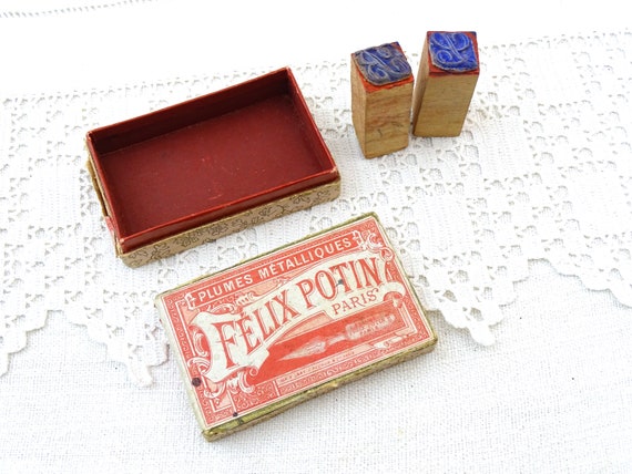 2 Antique French Embroidery Stamps L R and Felix Potin Box, Vintage Victorian Sewing Item from France, Retro Brocante Flea Market Craft