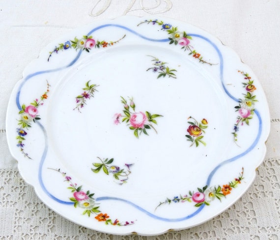 Antique French Sevres Hand Painted Pink Rose Pattern Porcelain China Plate with Plate Blue Ribbons, Vintage Cottagecore Wall Decor France