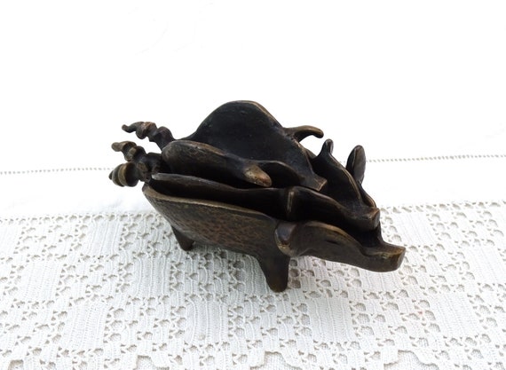 Vintage Nest of Bronze Pig Ashtrays by SIB, Retro Novelty Metal Smoking Accessory from France, Fun Sculptural Farm Animal Home Decor Item