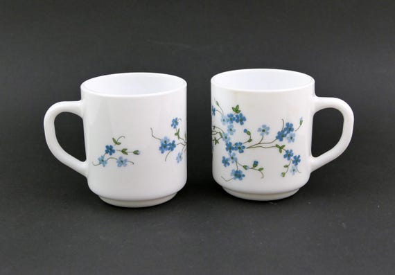 Vintage Arcopal France Mugs, Pair of White Opaline Glass Cups with Blue Floral Flowers, French 1970s Coffee Tea Mugs, Retro Kitchenware