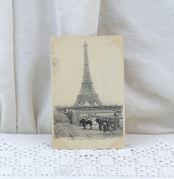 Rare French Antique Black and White Unused Postcard of the River Seine Horse and Cart On the docks with the Eiffel Tower in the Background