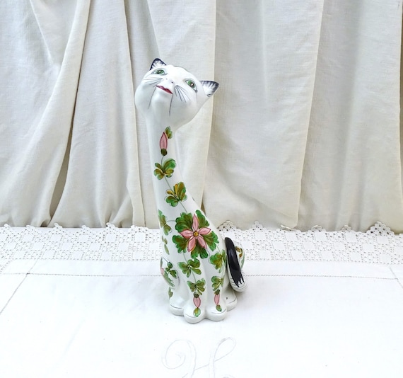 Vintage Mid Century Italian Pottery Long Necked Cat Figurine Handpainted Flower Pattern, Retro MCM 1960s Ornamental Feline Sculpture Italy