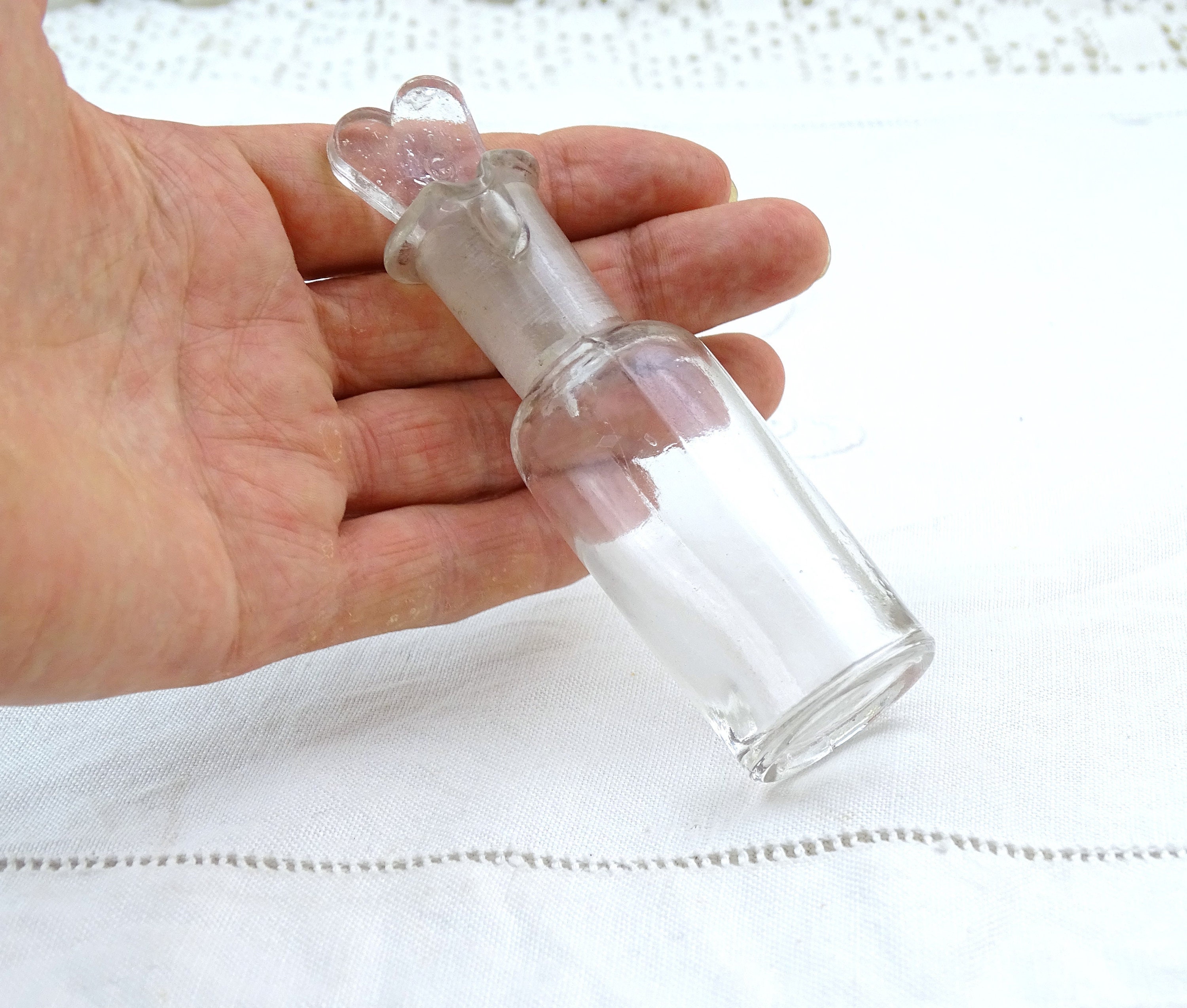 Antique French Small Clear Glass Perfume Bottle with Heart Shaped