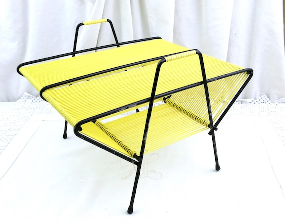 Vintage French Mid Century Modern Portable Record Holder with Bright Yellow Vinyl Cord, Retro MCM Hifi Accessory for Storage, Music Center
