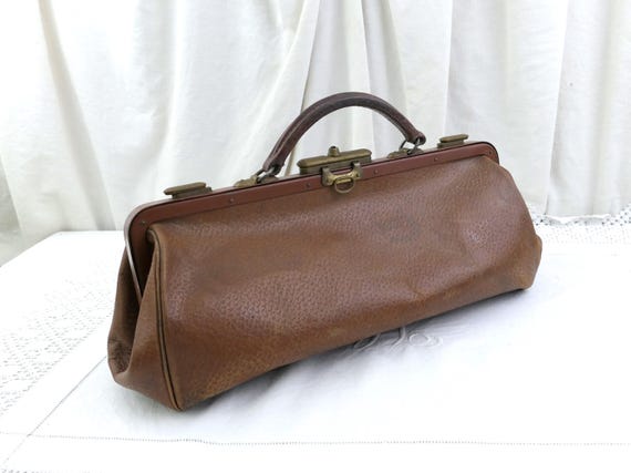 Antique French Brown Leather Gladstone Bag, Doctor / Midwife Bag from France, Vintage Portmanteau Suitcase, Retro Handbag / Overnight  Bag