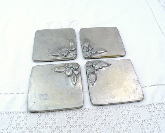 Set of 4 Antique French Square Embosed Silver Tone Metal Drinks Coasters with Flower Pattern in One Corner, Retro 1920s Table Bar Accessory