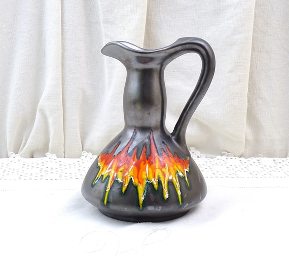 Vintage Mid Century Italian Black Iridescent Pottery Pitcher Vase with Red Flame Glaze, Retro 1950s Ceramic Ornamental Jug from Italy