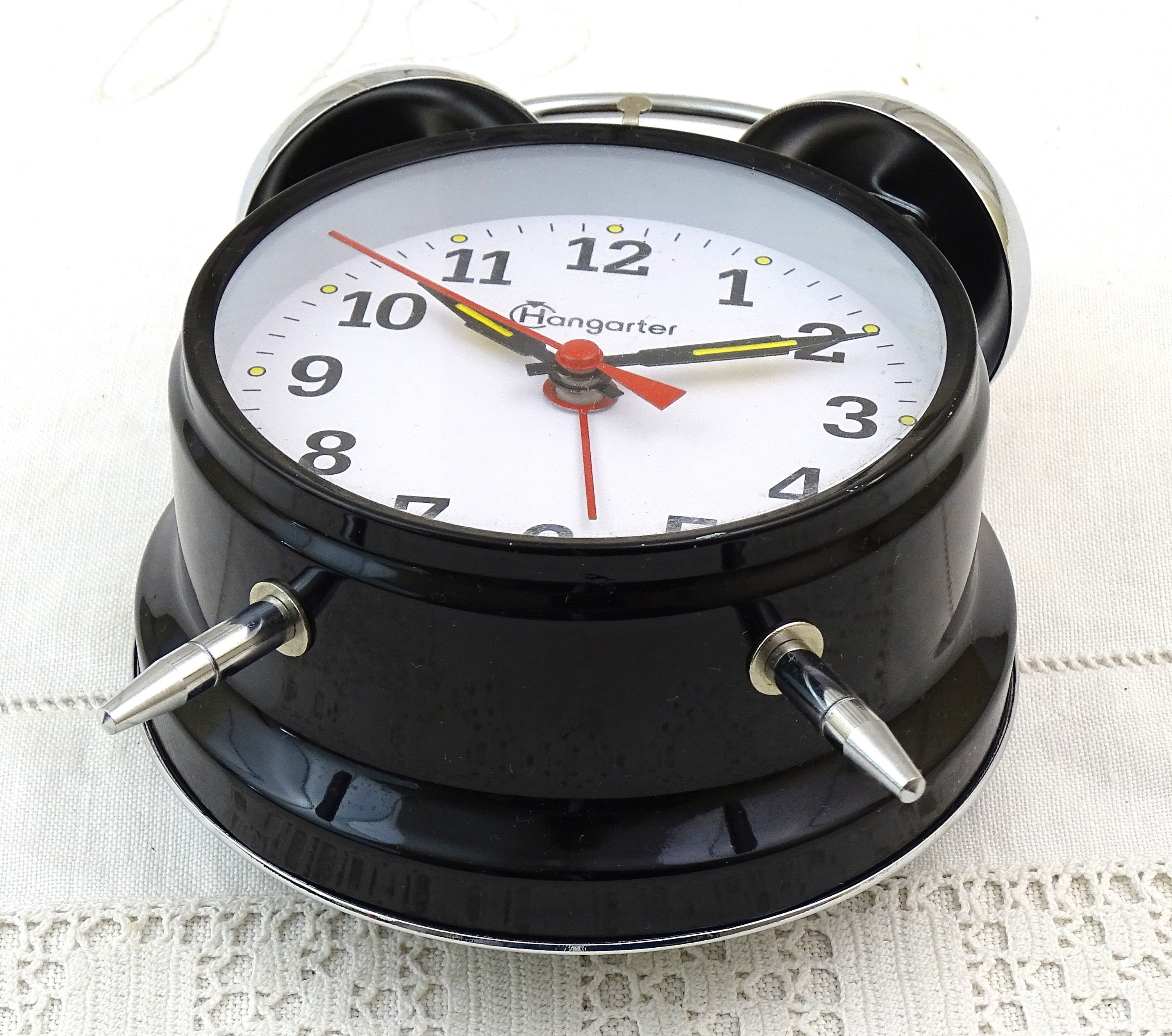 Vintage Black Working Mechanical Alarm Clock with 2 Top Bells by Hangarter, Old Style Wind Up