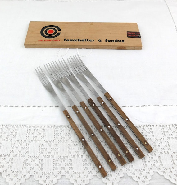Vintage Set of 6 Le Creuset Fondue Forks and Lid of the Original Wooden Box, Retro French Alpine Dinning Cheese Dishes, Specialized Cutlery