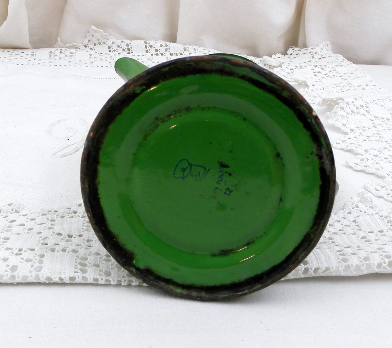 Vintage Green Enamelware Coffee Pot from France, Country Farmhouse