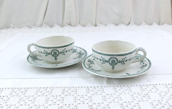 Set of 2 Antique French Gien Ironstone Cup and Saucer with Teal Pattern Range Malmaison, Collectible  Ironware Crookery Tea Set from France