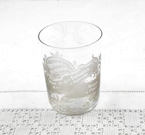 Antique French 19th Century Engraved Promotional Glass for Epicerie Mercerie Maison Fleury a Pont Ecrepin, Retro Belle Epoque Tumbler