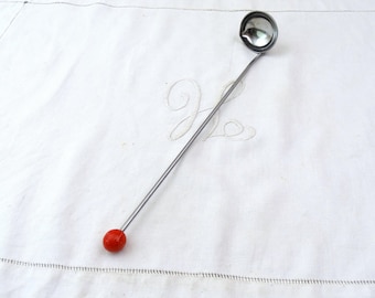 Vintage French Long Handled Small Stainless Steel Ladle with Red for Cerises a L'Eau de Vie, Retro Serving Accessory for Preserved Cherries