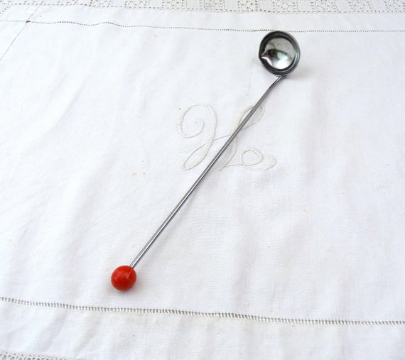 Vintage French Long Handled Small Stainless Steel Ladle with Red for Cerises a L'Eau de Vie, Retro Serving Accessory for Preserved Cherries