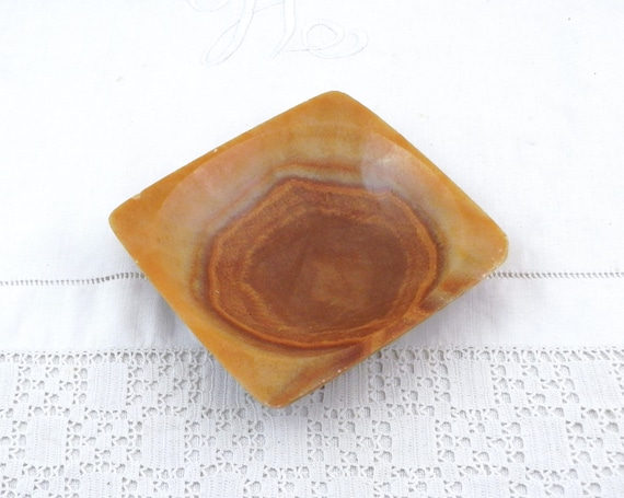 Vintage Square Onyx Ashtray, Carved Stone Trinket Dish in Burnt Orange, Retro Stone Ring / Jewelry Bowl from France