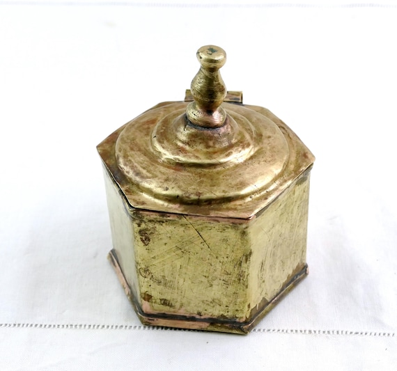 Antique 1700s French Primitive Hexagonal Brass Box with Hinged Lid and Worn Patina, Handmade Metal 6 Sided Container France, Old Tobacco Tin