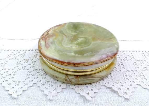 Vintage Mid Century 1960s / 1970s Round Pale Veined Green and Brown Onyx Cigarette Box, Retro 1970s Stone Jewelry Container, Rock Home Decor