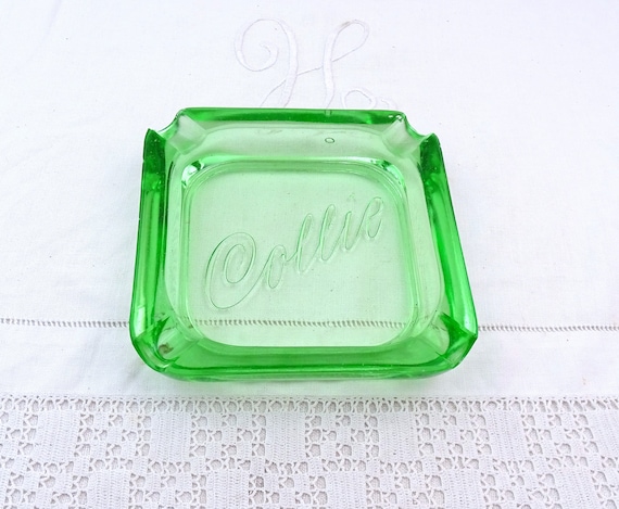 Vintage German 1950s Pressed Green Glass Square Promotional Ashtray for Collie, Retro Mid Century Upcyled Ring / Trinket Dish from Germany