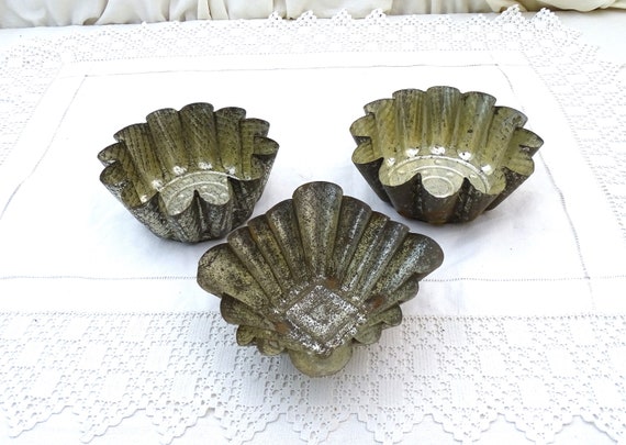 3 Vintage French Metal Cake Molds for Kitchen Decor from France , Retro Baking Pan Accessory for Upcycled Project Candle Holder Project