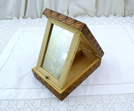 Vintage Eastern European Jewelry Box with Folding Mirror and Carved Rose on the Lid Decorated With  Pyrographed Pattern, Polish Folk Art