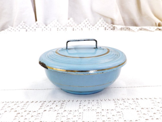 Small French Antique Pale Blue With Gold Banding Enamelware Lidded Bowl, Retro Enamel Kitchen Decor from France, Broante Farmhouse Home