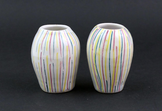 2 Small Vintage Attributed Italian Pottery Bud Vases, Pair of Hand Painted Ceramic Mini Vases, Mid Century Modern Striped Decor,