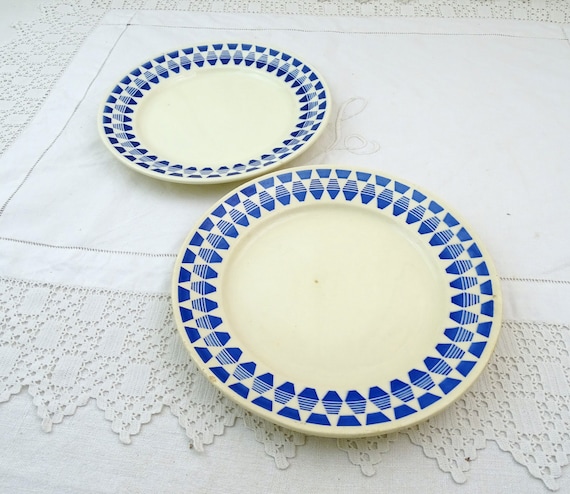 2 French Vintage Badonvillers Blue and White Plate with Geometric Art Deco Pattern, Retro Tableware from France
