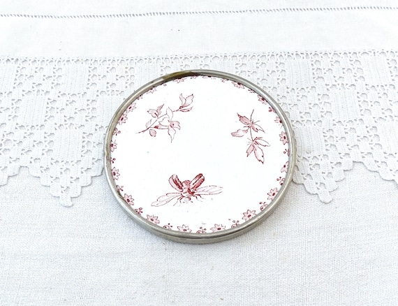 Small Antique French Round Ceramic Coaster with Metal Banding in White with Marron Bee Pattern, Ironstone Style Trivet with Insect Pattern