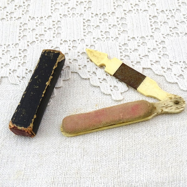 Ensemble de manucure en os de poche Français antique avec lime en métal tampon en daim et étui à carte original, article de soin des ongles de voyage rétro de France