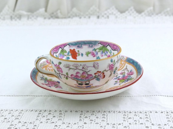 Antique English Minton Bone China Tea Cup and Saucer with Chinese Inspired Pattern, Retro Tea Party from England, Vintage Victorian High Tea