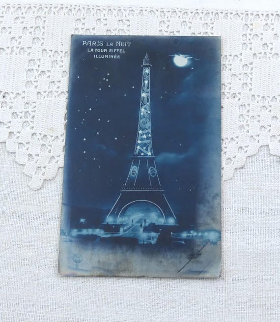 Antique Art Deco Unused French Black and White Postcard of Illuminated Eiffel Tower Citroen Publicity, Parisian Souvenir Retro Vintage Home