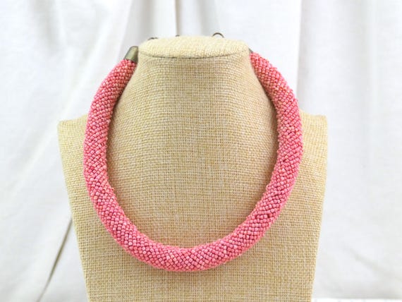 Thick Chunky Vintage Pink Seed Bead Rope Beaded Necklace with Adjustable Clasp, Coral Pink Tubular Boho Beadwork Choker, Artisan Jewelry