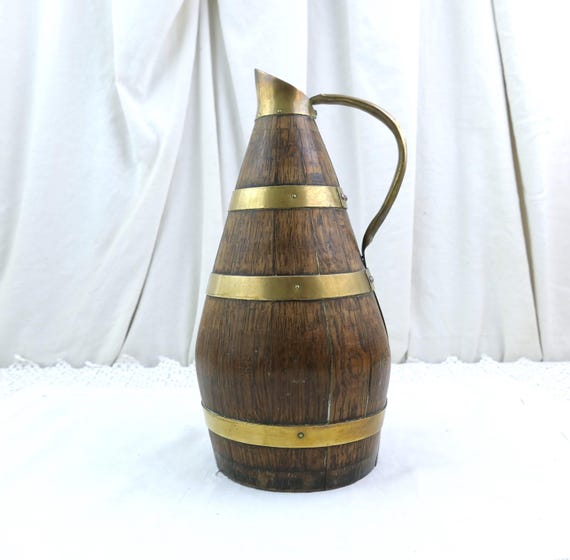 French Antique Wooden and Copper Cider Jug / Pitcher from Normandy, Vintage Rustic Primitive Barrel Country Farmhouse Kitchen Decor France