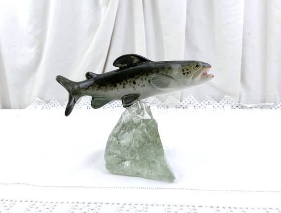 Vintage Swimming Trout Sculpture  Raymond Gangloff made of Glazed Ceramic with Rough Crystal Glass, Retro Fishing Figurine from France