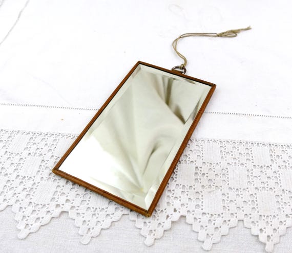 Small Antique French Leather Backed Beveled Rectangular Wall Mounted Vanity Glass Mirror, Bathroom Travel Accessory France, Beard Grooming