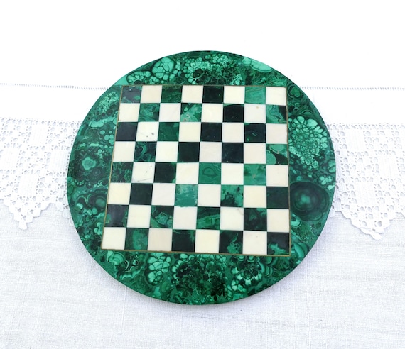 Vintage Round Inlaid Malachite Semi Precious Stone Chess Board, Retro Luxury Exotic Board Game in Green and White Rock, Mineral Playing