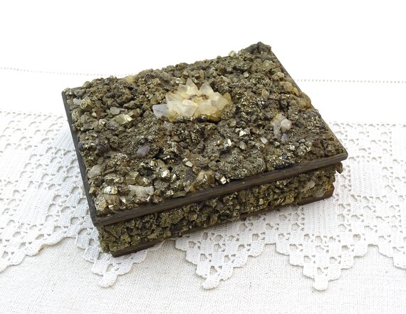 Vintage French Mexican Rough Pyrite Stone and Quartz Crystals Covered Brass Box, Retro Mineral Collectors Decorative Container South America